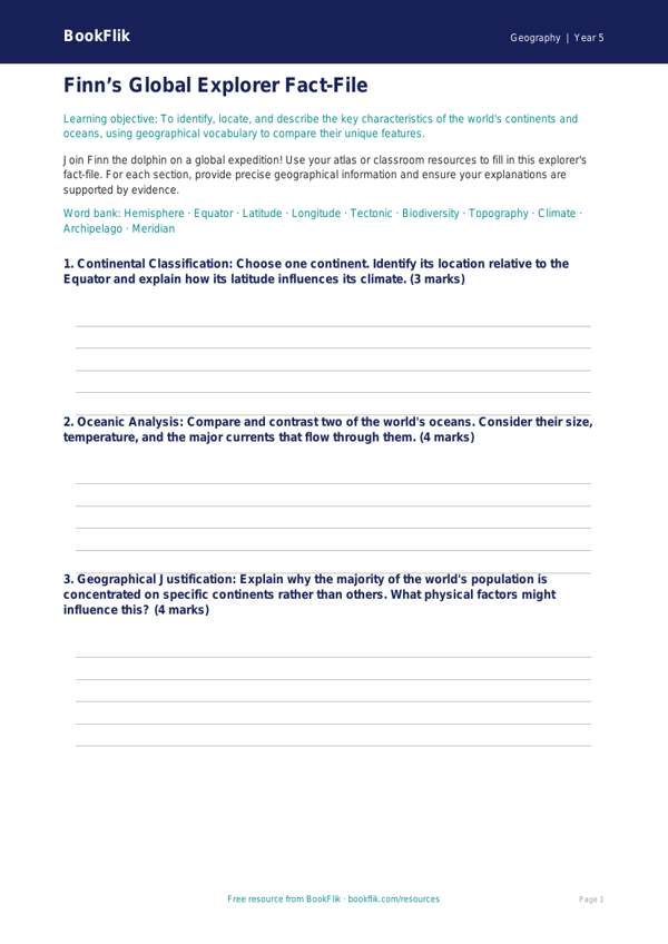 Free Continents And Oceans Template | Year 5 Greater Depth | BookFlik worksheet preview — Geography Continents And Oceans