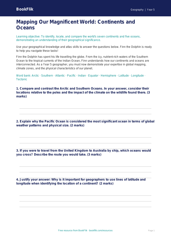 Free Continents And Oceans Worksheet | Year 5 Greater Depth | BookFlik worksheet preview — Geography Continents And Oceans