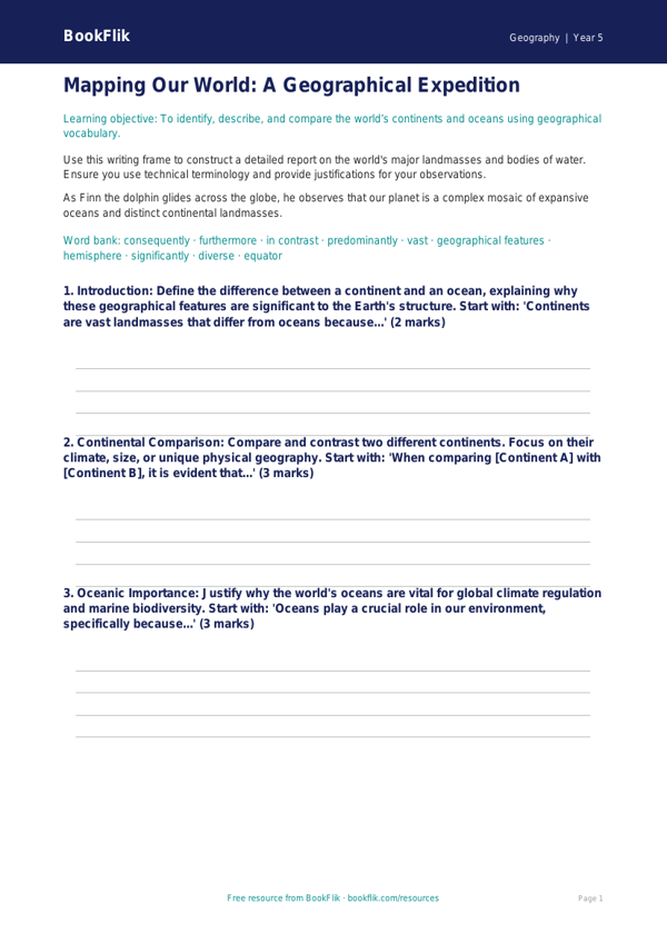 Free Continents And Oceans Writing Frame | Year 5 Greater Depth | BookFlik worksheet preview — Geography Continents And Oceans
