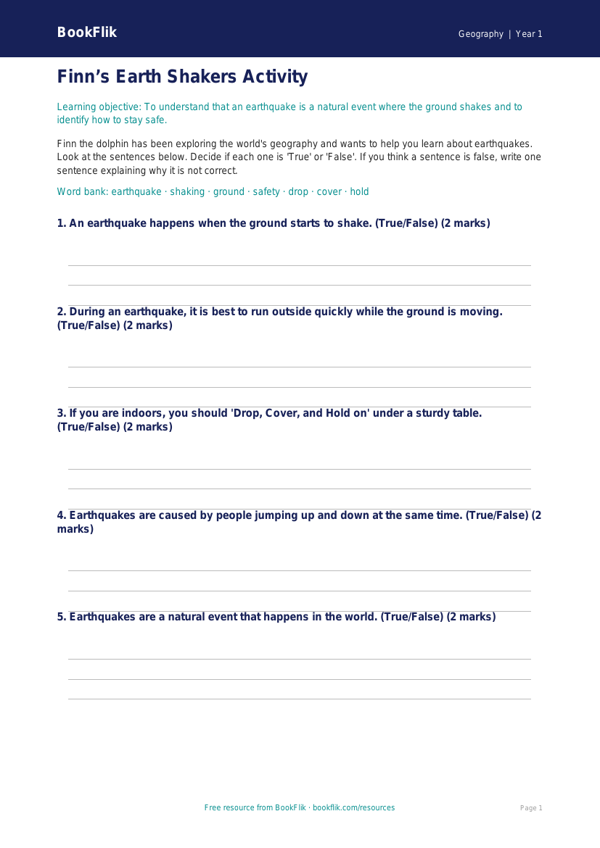 Free Earthquakes Activity Sheet | Year 1 Core | BookFlik worksheet preview — Geography Earthquakes