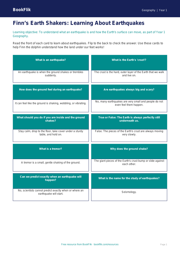 Free Earthquakes Flashcards | Year 1 Core | BookFlik worksheet preview — Geography Earthquakes