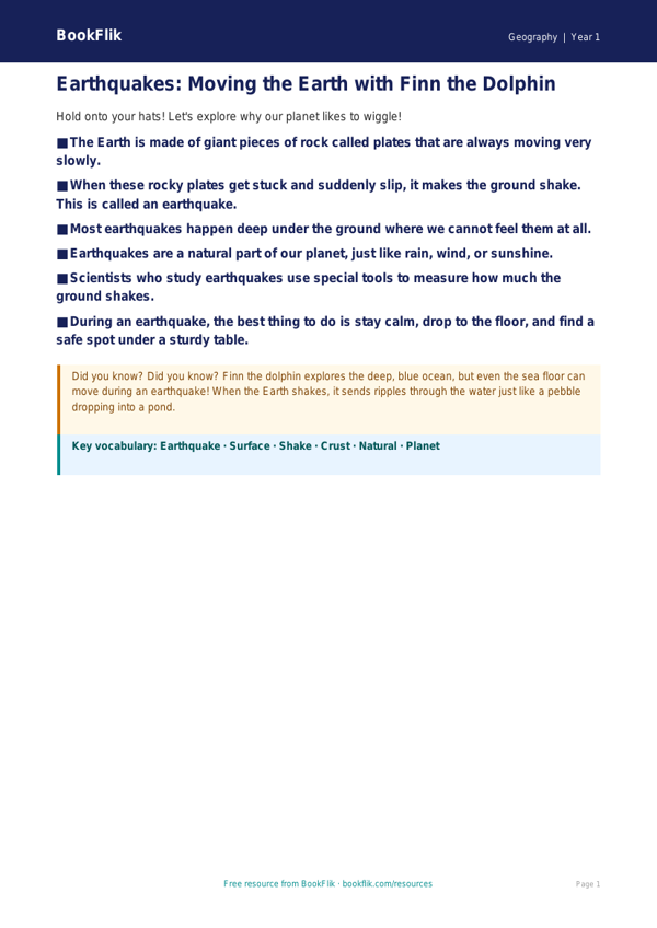 Free Earthquakes Poster | Year 1 Core | BookFlik worksheet preview — Geography Earthquakes