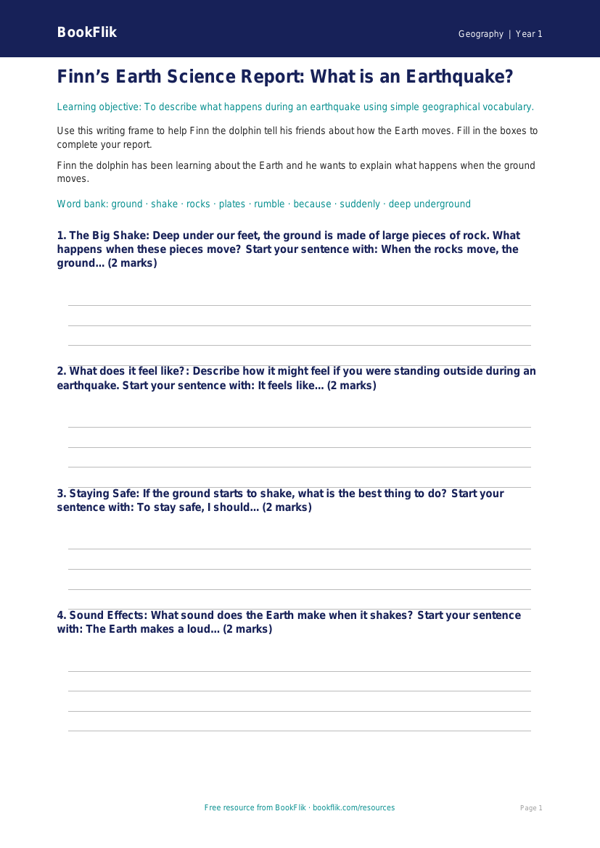 Free Earthquakes Writing Frame | Year 1 Core | BookFlik worksheet preview — Geography Earthquakes