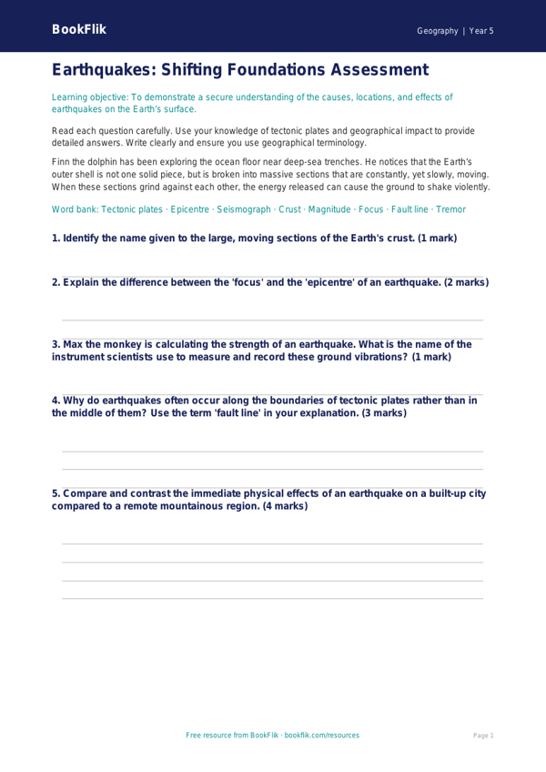 Free Earthquakes Assessment | Year 5 Greater Depth | BookFlik worksheet preview — Geography Earthquakes