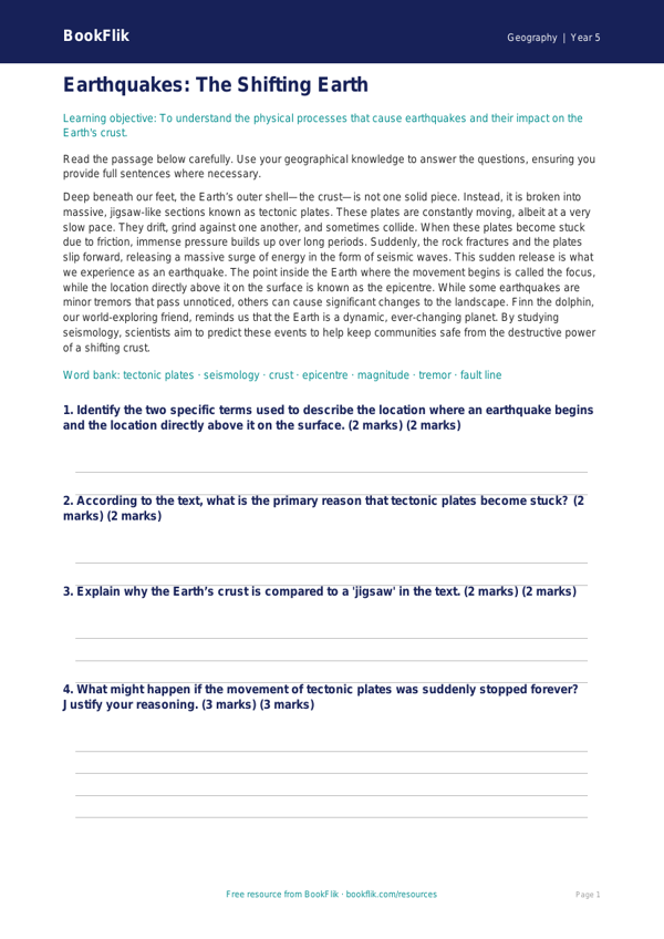 Free Earthquakes Comprehension | Year 5 Greater Depth | BookFlik worksheet preview — Geography Earthquakes