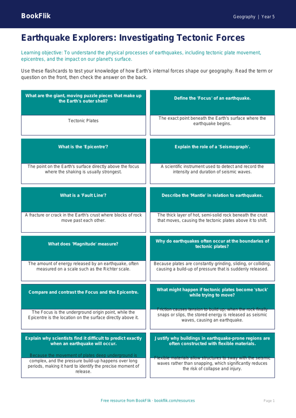 Free Earthquakes Flashcards | Year 5 Greater Depth | BookFlik worksheet preview — Geography Earthquakes
