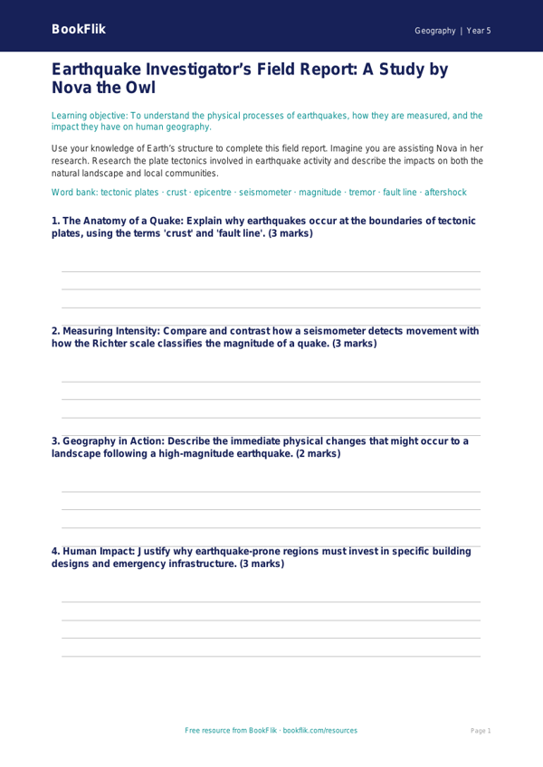 Free Earthquakes Template | Year 5 Greater Depth | BookFlik worksheet preview — Geography Earthquakes