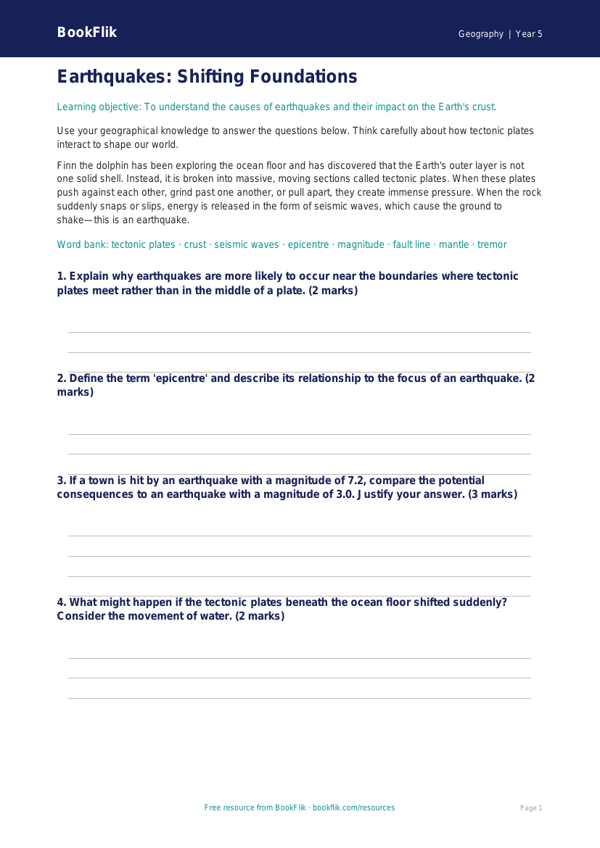 Free Earthquakes Worksheet | Year 5 Greater Depth | BookFlik worksheet preview — Geography Earthquakes