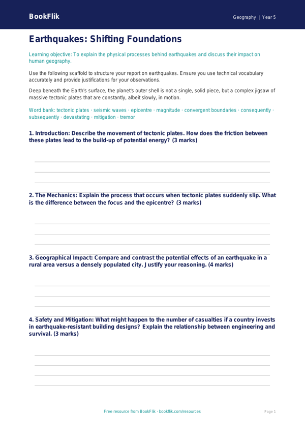 Free Earthquakes Writing Frame | Year 5 Greater Depth | BookFlik worksheet preview — Geography Earthquakes