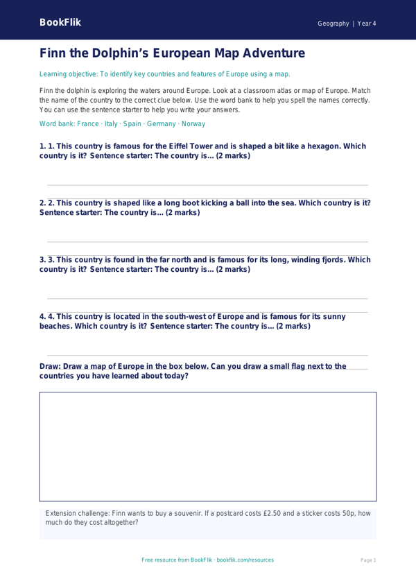 Free Europe Activity Sheet | Year 4 Supported | BookFlik worksheet preview — Geography Europe