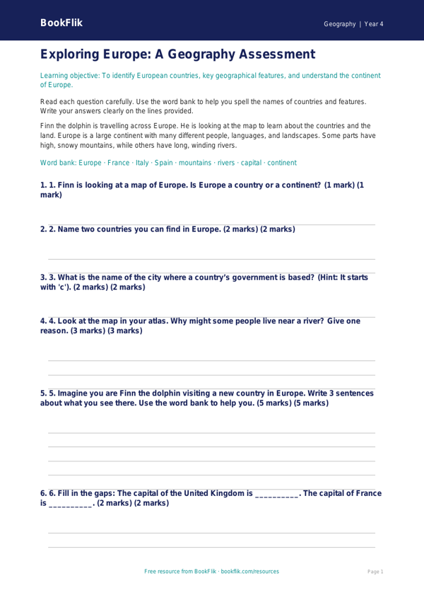 Free Europe Assessment | Year 4 Supported | BookFlik worksheet preview — Geography Europe