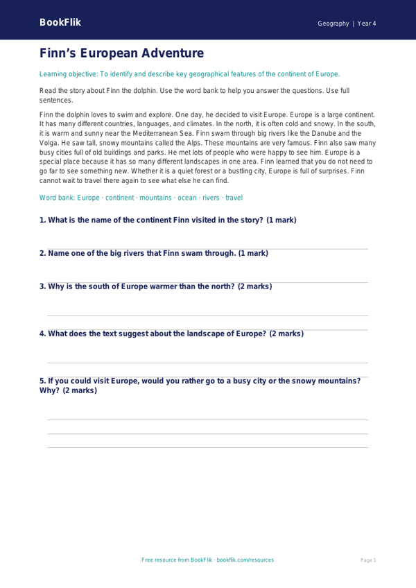 Free Europe Comprehension | Year 4 Supported | BookFlik worksheet preview — Geography Europe
