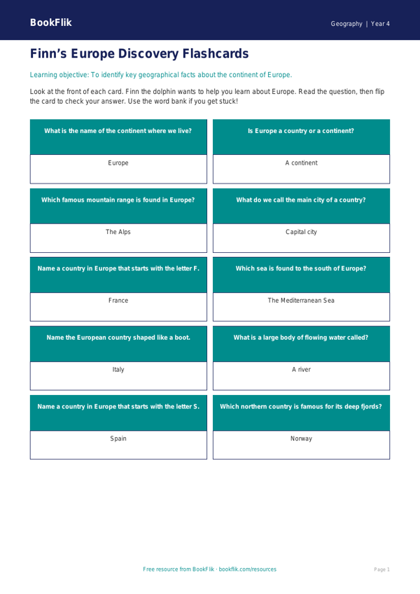 Free Europe Flashcards | Year 4 Supported | BookFlik worksheet preview — Geography Europe