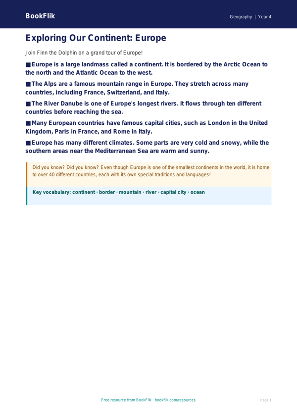 Free Europe Poster | Year 4 Supported | BookFlik worksheet preview — Geography Europe