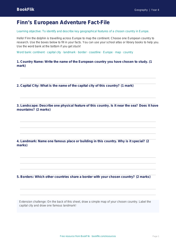 Free Europe Template | Year 4 Supported | BookFlik worksheet preview — Geography Europe