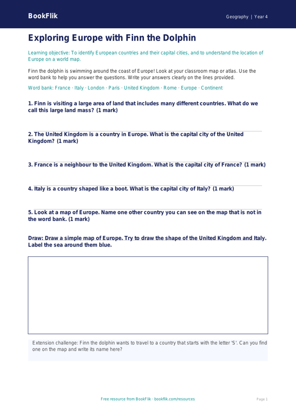 Free Europe Worksheet | Year 4 Supported | BookFlik worksheet preview — Geography Europe
