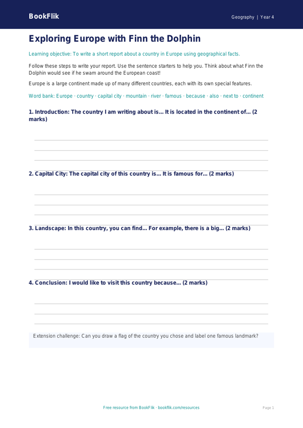 Free Europe Writing Frame | Year 4 Supported | BookFlik worksheet preview — Geography Europe
