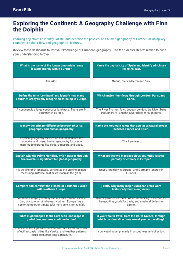 Free Europe Flashcards | Year 5 Greater Depth | BookFlik worksheet preview — Geography Europe
