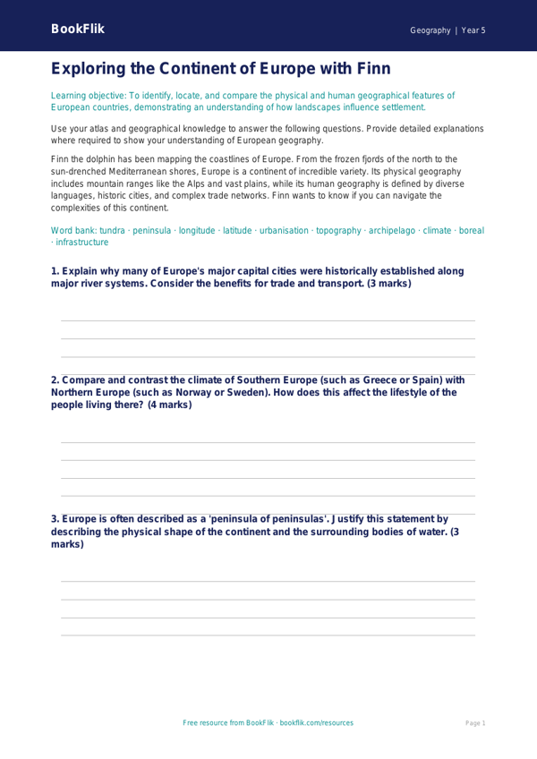 Free Europe Worksheet | Year 5 Greater Depth | BookFlik worksheet preview — Geography Europe
