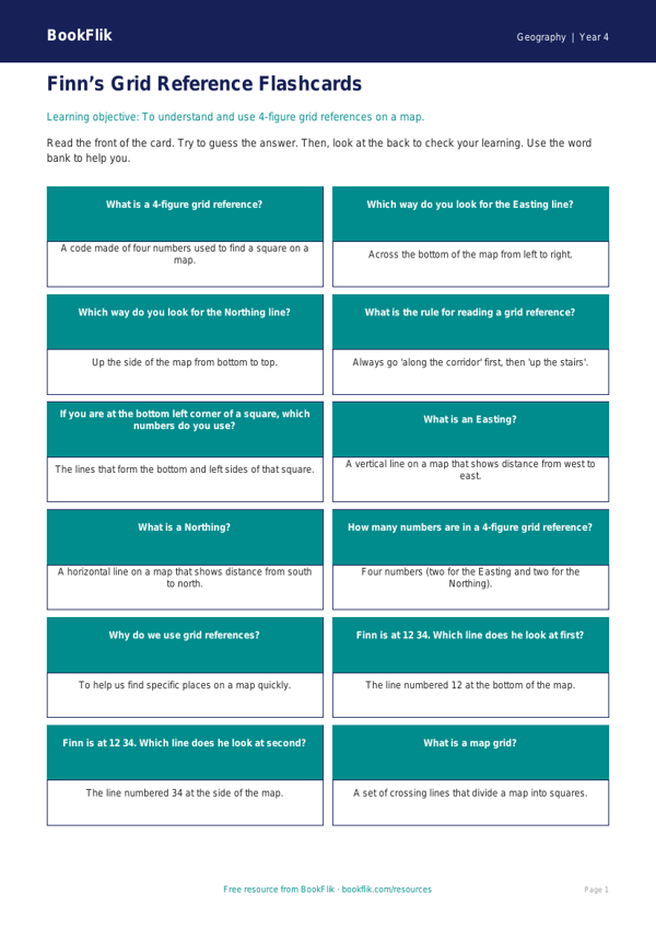 Free Grid References Flashcards | Year 4 Supported | BookFlik worksheet preview — Geography Grid References