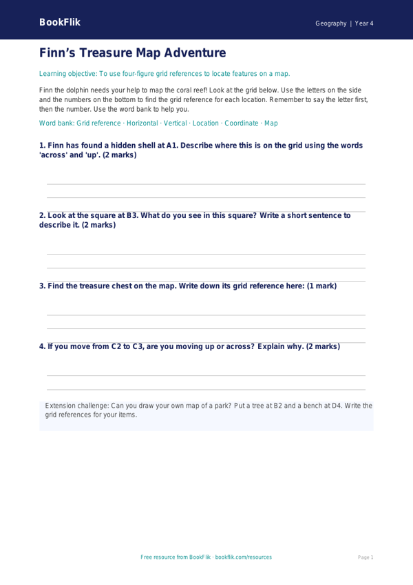 Free Grid References Template | Year 4 Supported | BookFlik worksheet preview — Geography Grid References