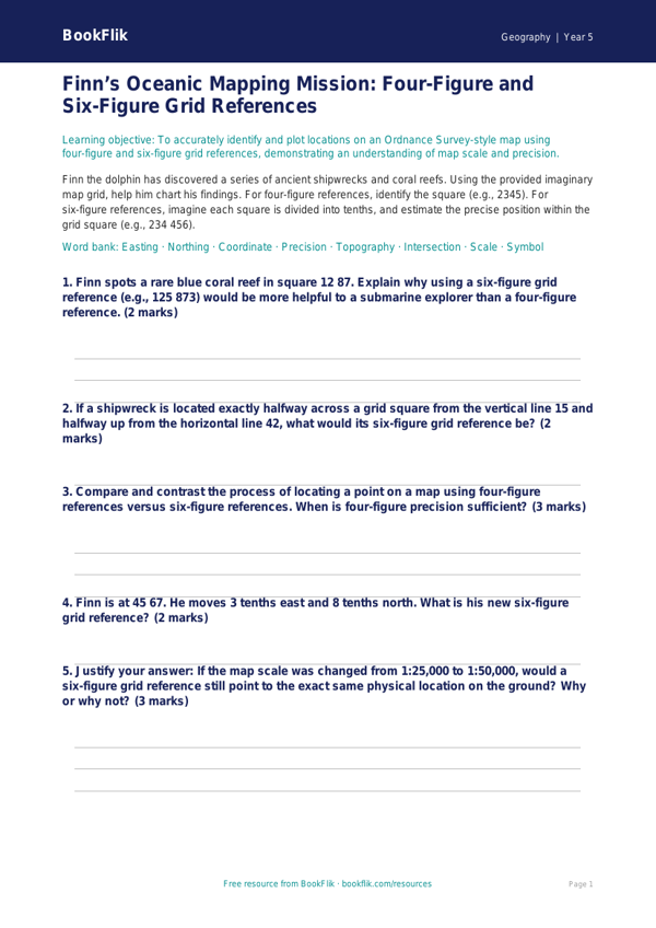 Free Grid References Activity Sheet | Year 5 Greater Depth | BookFlik worksheet preview — Geography Grid References