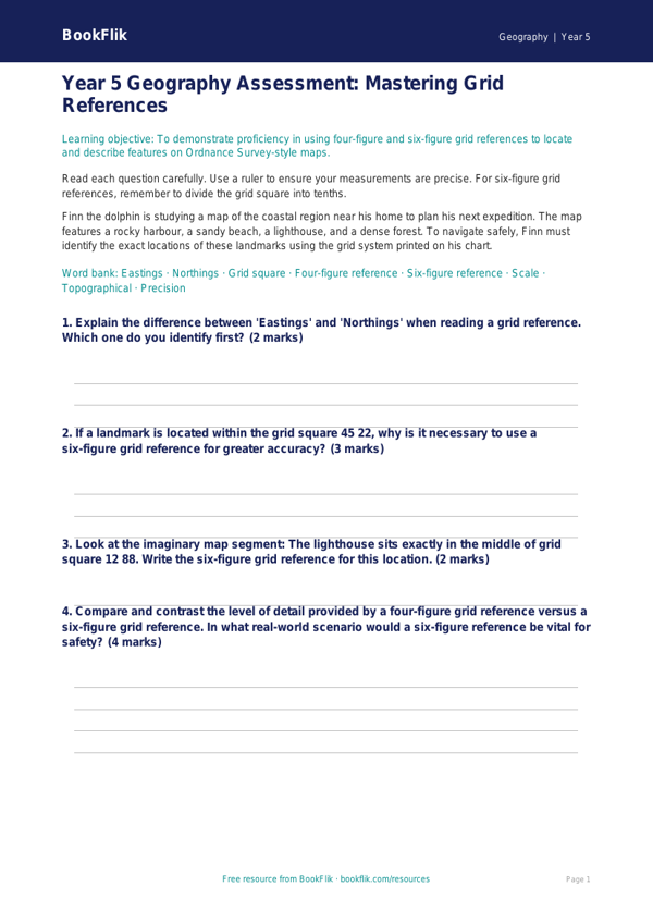 Free Grid References Assessment | Year 5 Greater Depth | BookFlik worksheet preview — Geography Grid References
