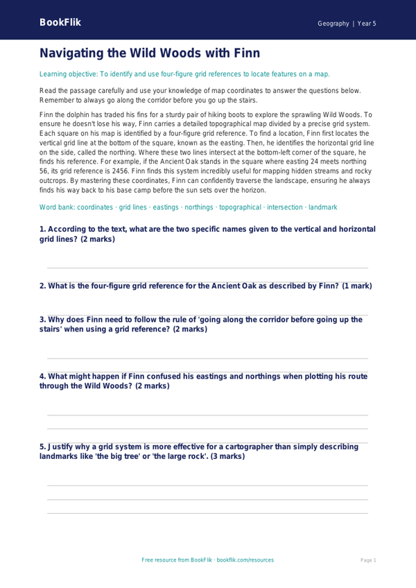 Free Grid References Comprehension | Year 5 Greater Depth | BookFlik worksheet preview — Geography Grid References