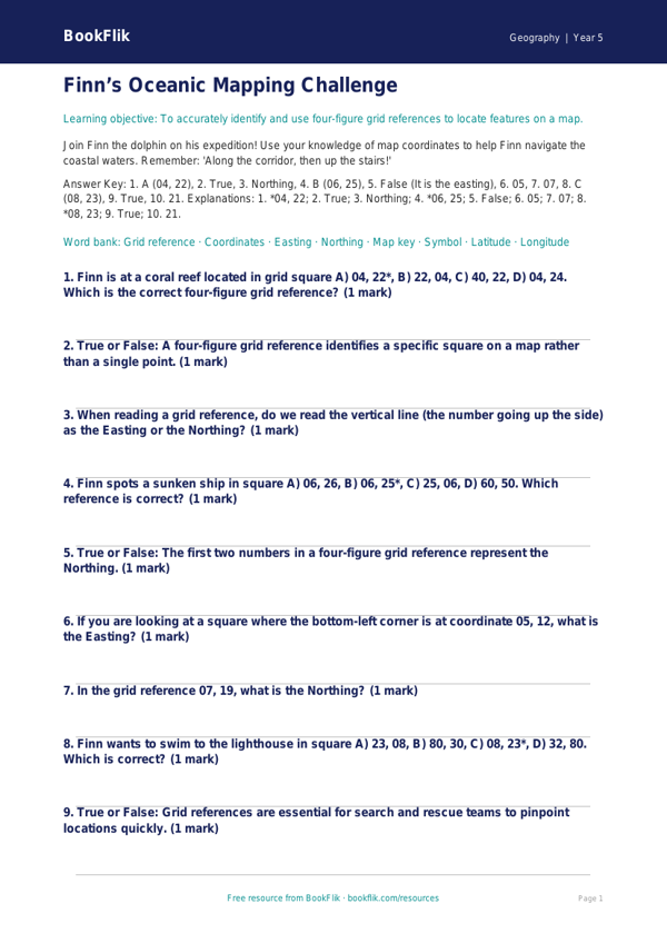 Free Grid References Quiz | Year 5 Greater Depth | BookFlik worksheet preview — Geography Grid References