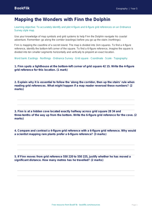 Free Grid References Worksheet | Year 5 Greater Depth | BookFlik worksheet preview — Geography Grid References