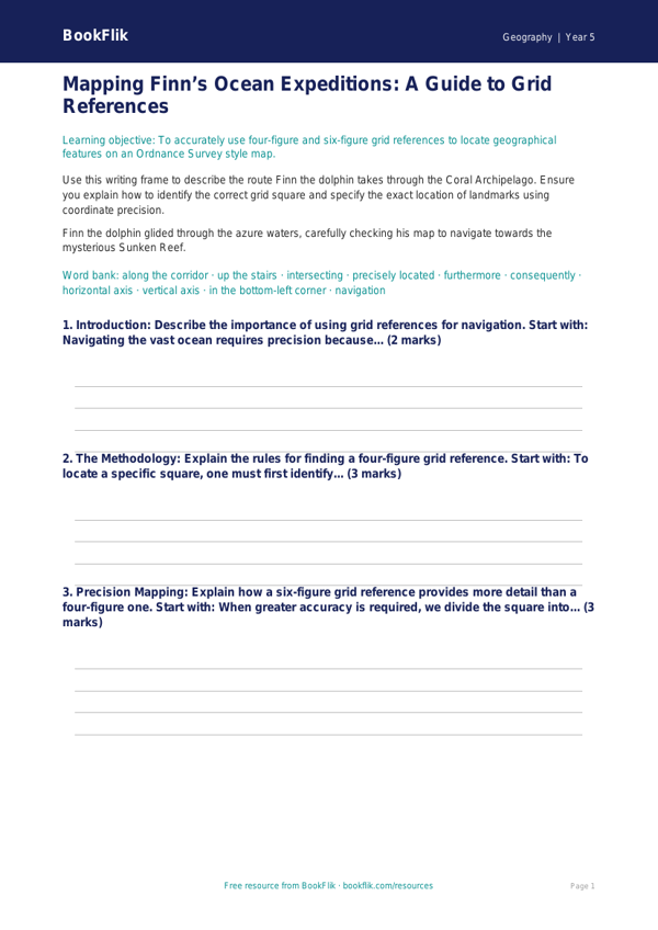 Free Grid References Writing Frame | Year 5 Greater Depth | BookFlik worksheet preview — Geography Grid References