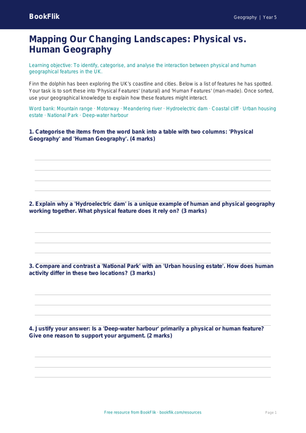 Free Human And Physical Geography Activity Sheet | Year 5 Greater Depth | BookFlik worksheet preview — Geography Human And Physical Geography
