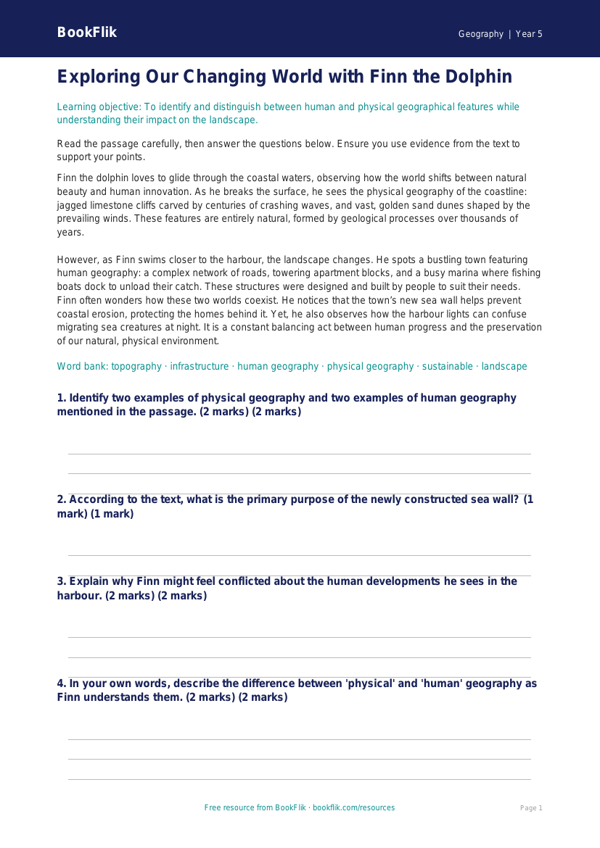 Free Human And Physical Geography Comprehension | Year 5 Greater Depth | BookFlik worksheet preview — Geography Human And Physical Geography