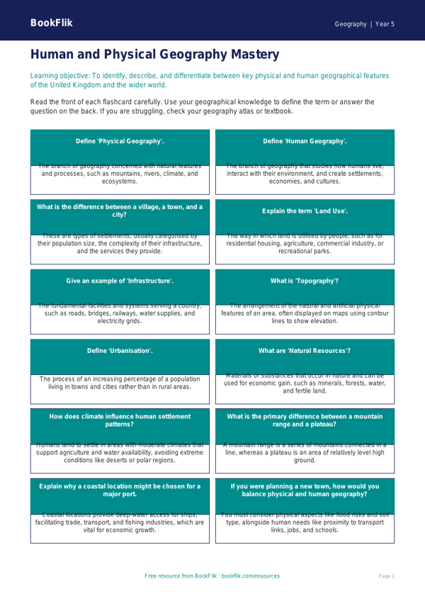 Free Human And Physical Geography Flashcards | Year 5 Greater Depth | BookFlik worksheet preview — Geography Human And Physical Geography