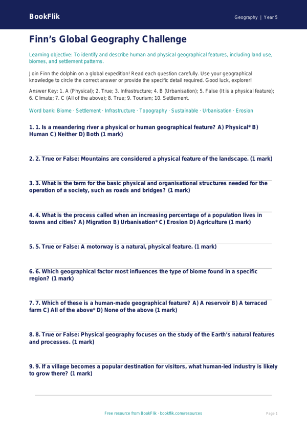 Free Human And Physical Geography Quiz | Year 5 Greater Depth | BookFlik worksheet preview — Geography Human And Physical Geography