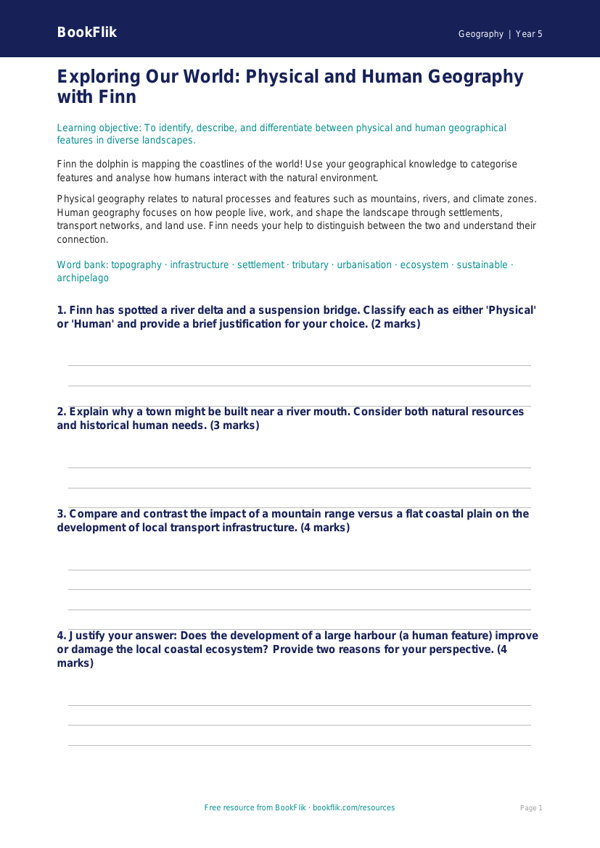 Free Human And Physical Geography Worksheet | Year 5 Greater Depth | BookFlik worksheet preview — Geography Human And Physical Geography