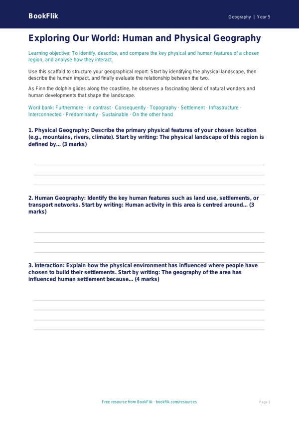 Free Human And Physical Geography Writing Frame | Year 5 Greater Depth | BookFlik worksheet preview — Geography Human And Physical Geography