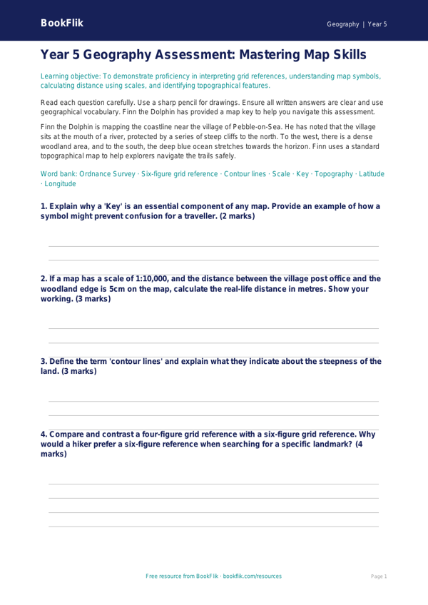 Free Map Skills Assessment | Year 5 Greater Depth | BookFlik worksheet preview — Geography Map Skills