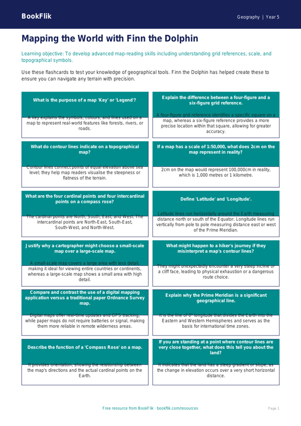 Free Map Skills Flashcards | Year 5 Greater Depth | BookFlik worksheet preview — Geography Map Skills
