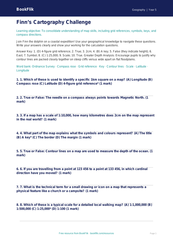 Free Map Skills Quiz | Year 5 Greater Depth | BookFlik worksheet preview — Geography Map Skills