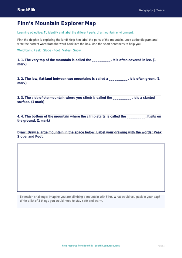 Free Mountains Activity Sheet | Year 4 Supported | BookFlik worksheet preview — Geography Mountains