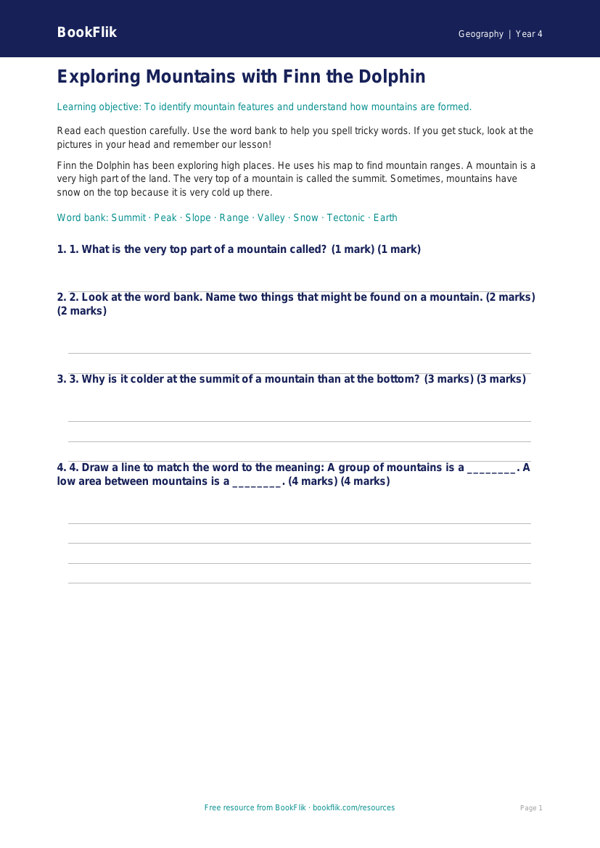 Free Mountains Assessment | Year 4 Supported | BookFlik worksheet preview — Geography Mountains