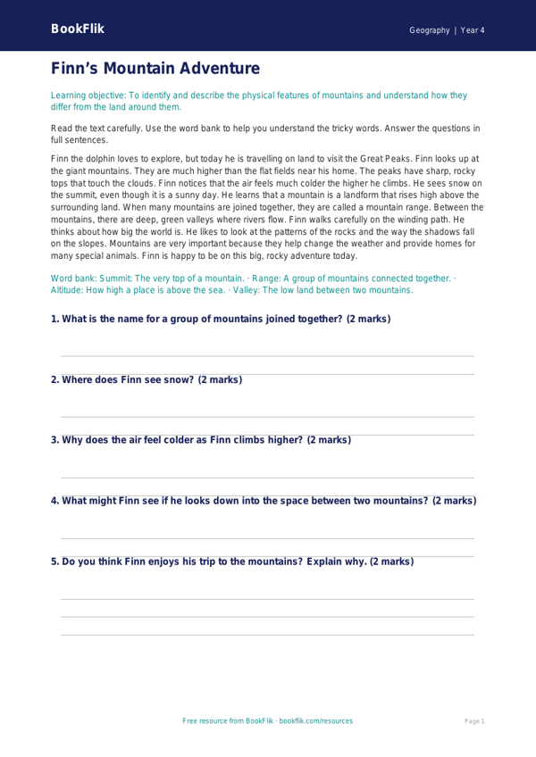 Free Mountains Comprehension | Year 4 Supported | BookFlik worksheet preview — Geography Mountains