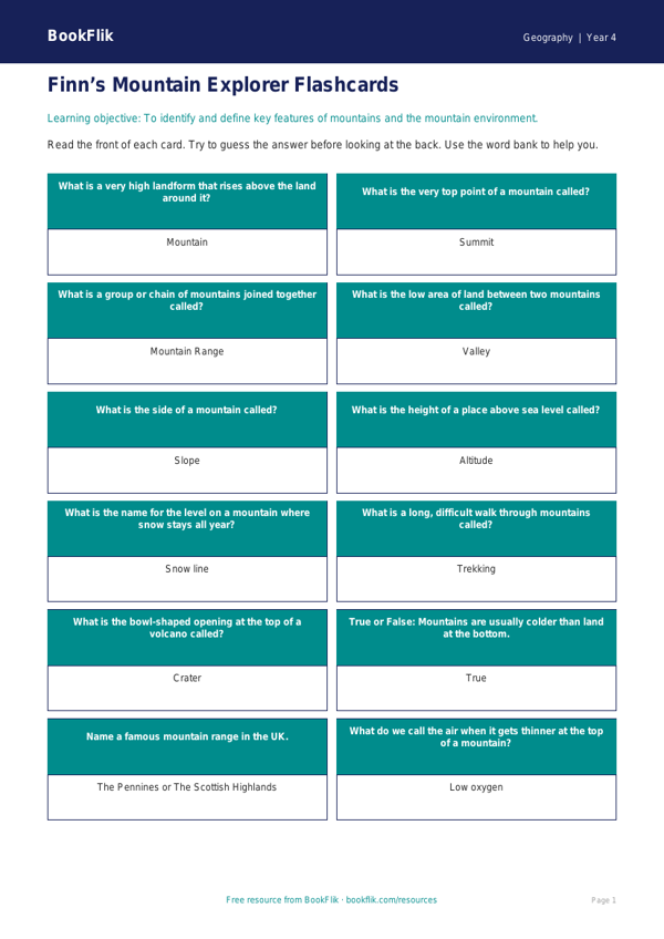 Free Mountains Flashcards | Year 4 Supported | BookFlik worksheet preview — Geography Mountains