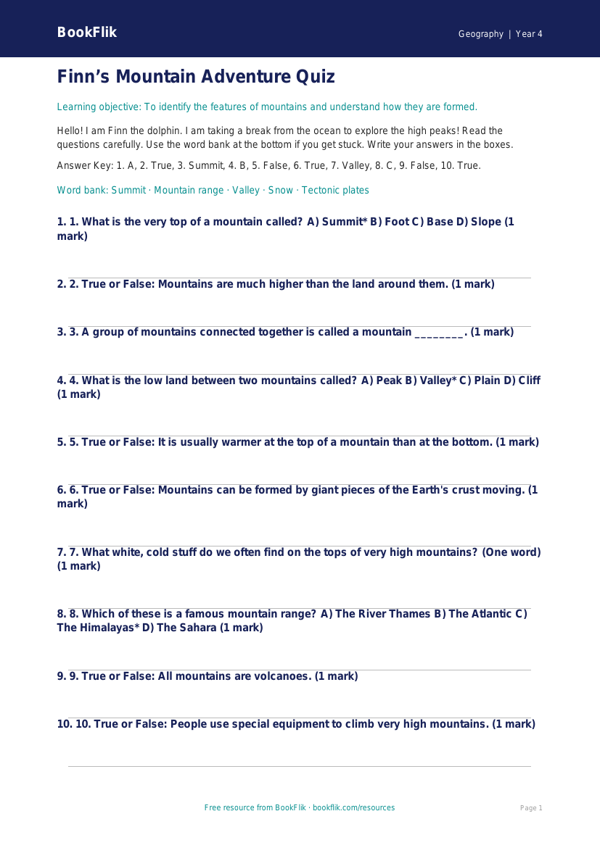 Free Mountains Quiz | Year 4 Geography Worksheet | BookFlik worksheet preview — Geography Mountains