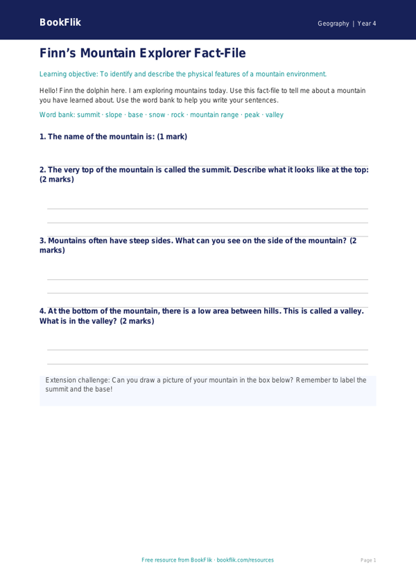 Free Mountains Template | Year 4 Supported | BookFlik worksheet preview — Geography Mountains