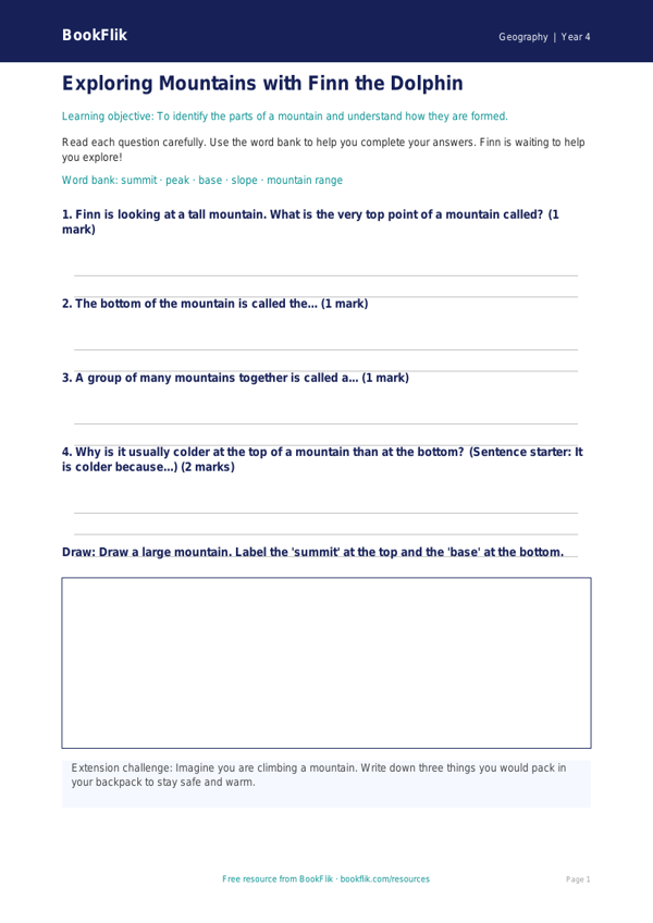 Free Mountains Worksheet | Year 4 Supported | BookFlik worksheet preview — Geography Mountains