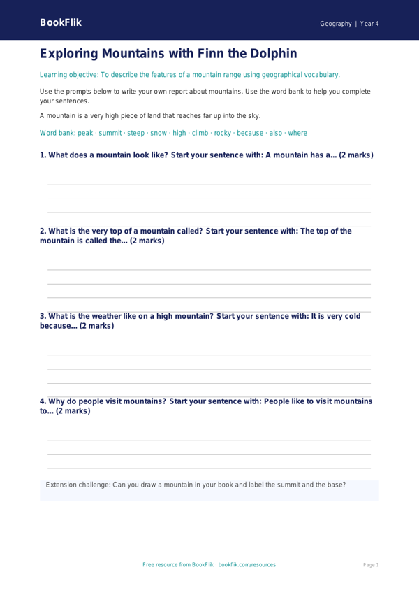 Free Mountains Writing Frame | Year 4 Supported | BookFlik worksheet preview — Geography Mountains