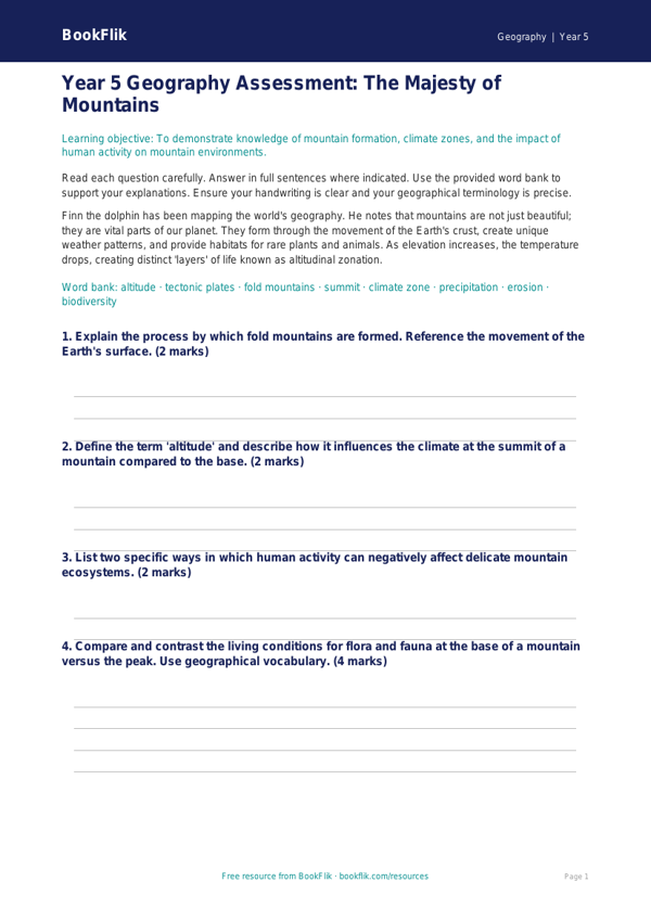 Free Mountains Assessment | Year 5 Greater Depth | BookFlik worksheet preview — Geography Mountains