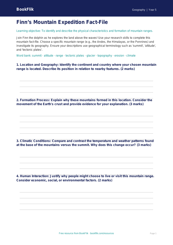Free Mountains Template | Year 5 Greater Depth | BookFlik worksheet preview — Geography Mountains